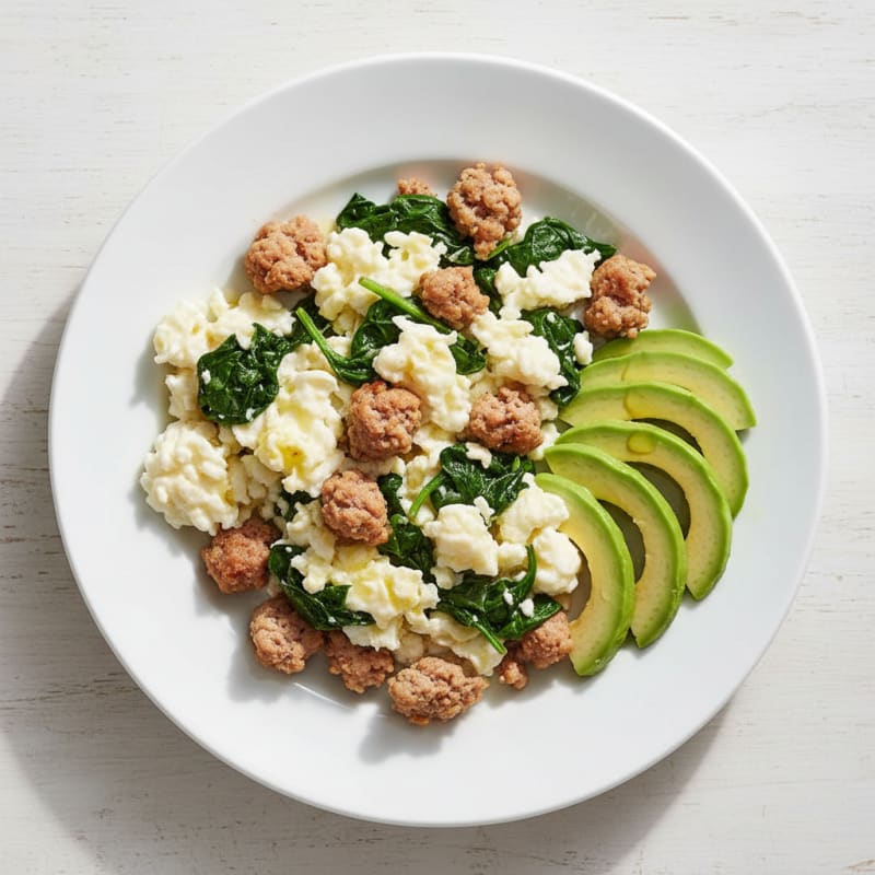 Egg White Scramble with Turkey Sausage and Sautéed Spinach