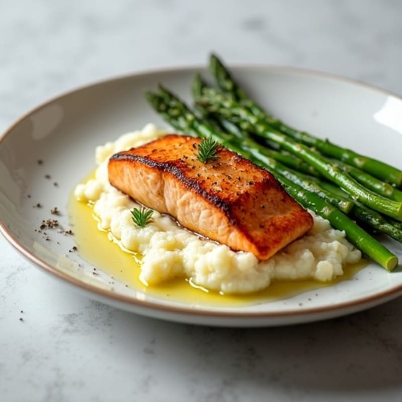 Seared Salmon with Steamed Asparagus and Cauliflower Mash