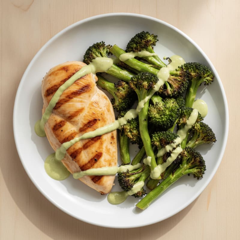 Grilled Chicken Breast with Roasted Broccoli and Creamy Avocado Sauce