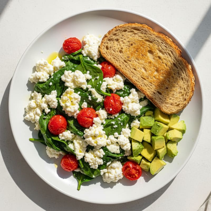 Egg White and Spinach Scramble with Cottage Cheese and Cherry Tomatoes