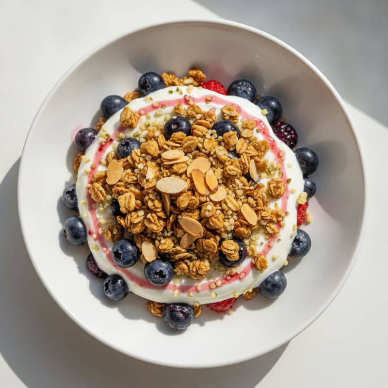 Greek Yogurt Parfait with Crunchy Almond Granola and Mixed Berries