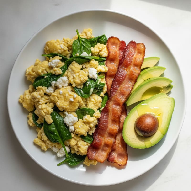 Cottage Cheese Egg Scramble with Spinach and Turkey Bacon