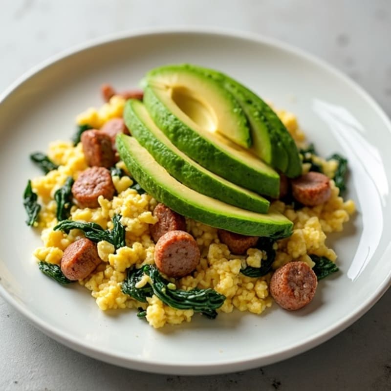 Egg White Scramble with Turkey Sausage and Sautéed Spinach