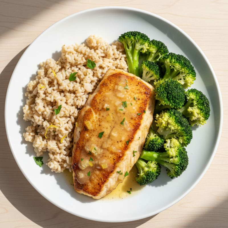 Seared Tilapia with Steamed Broccoli and Lemon Brown Rice