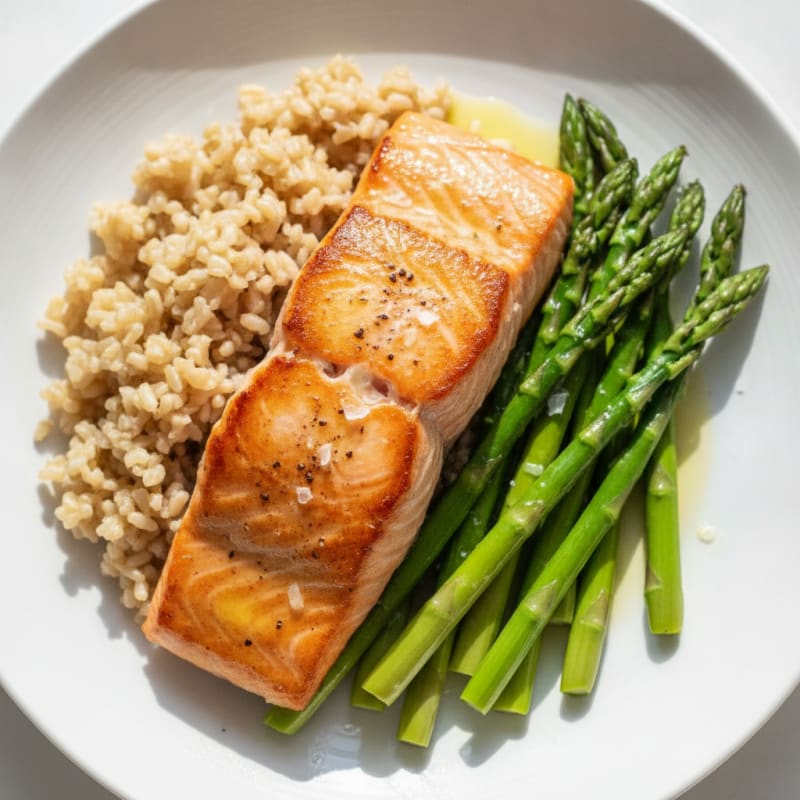 Seared Salmon Fillet with Steamed Asparagus and Brown Rice