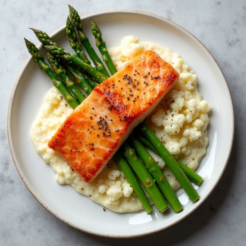 Seared Salmon with Steamed Asparagus and Garlic Mashed Cauliflower