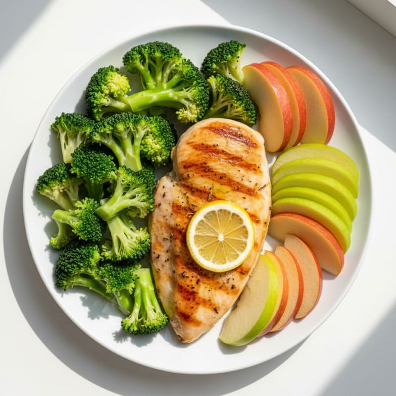 Grilled Chicken Breast with Steamed Broccoli and Sliced Apple