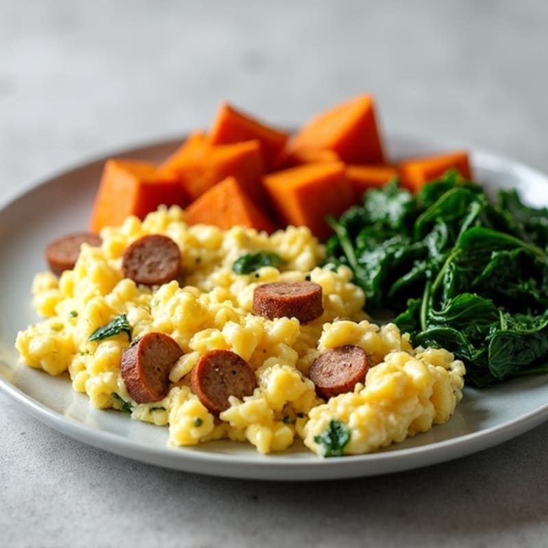 Egg White and Turkey Sausage Scramble with Spinach and Sweet Potato