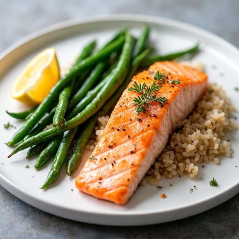 Seared Salmon with Garlic Green Beans and Brown Rice