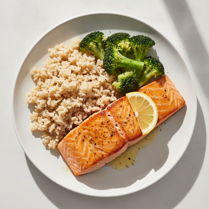 Seared Salmon Fillet with Steamed Broccoli and Brown Rice