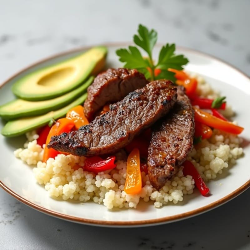Seared Lean Beef Strips with Sautéed Peppers and Cauliflower Rice