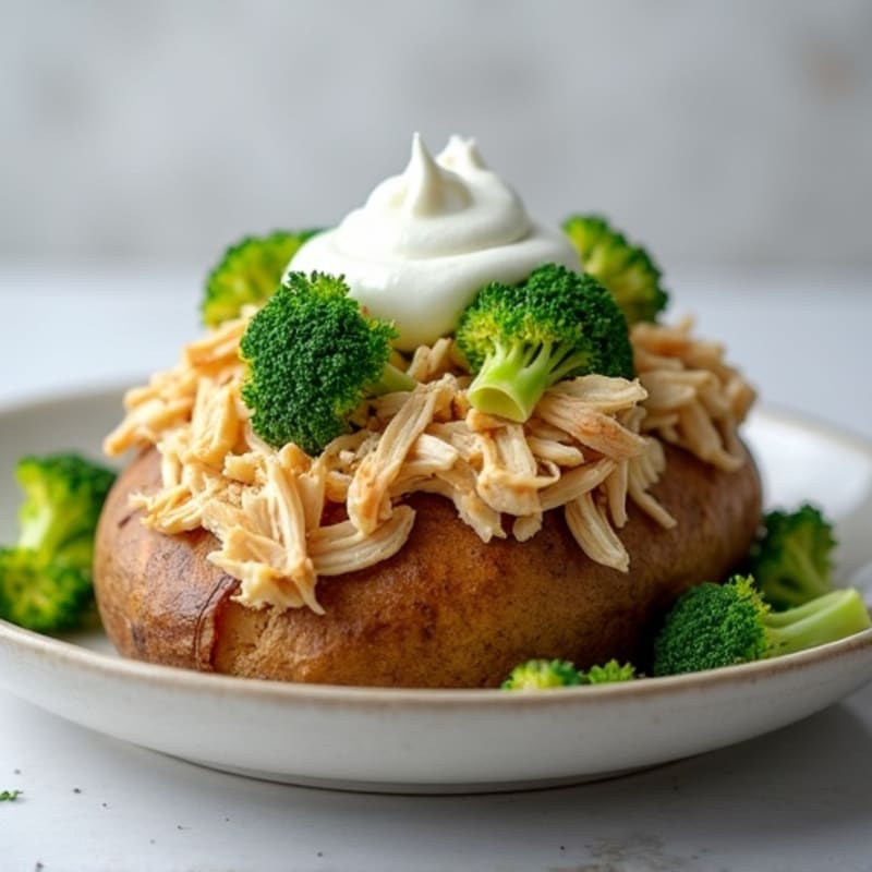 Loaded Baked Potato with Shredded Chicken, Crispy Broccoli, and Creamy Greek Yogurt