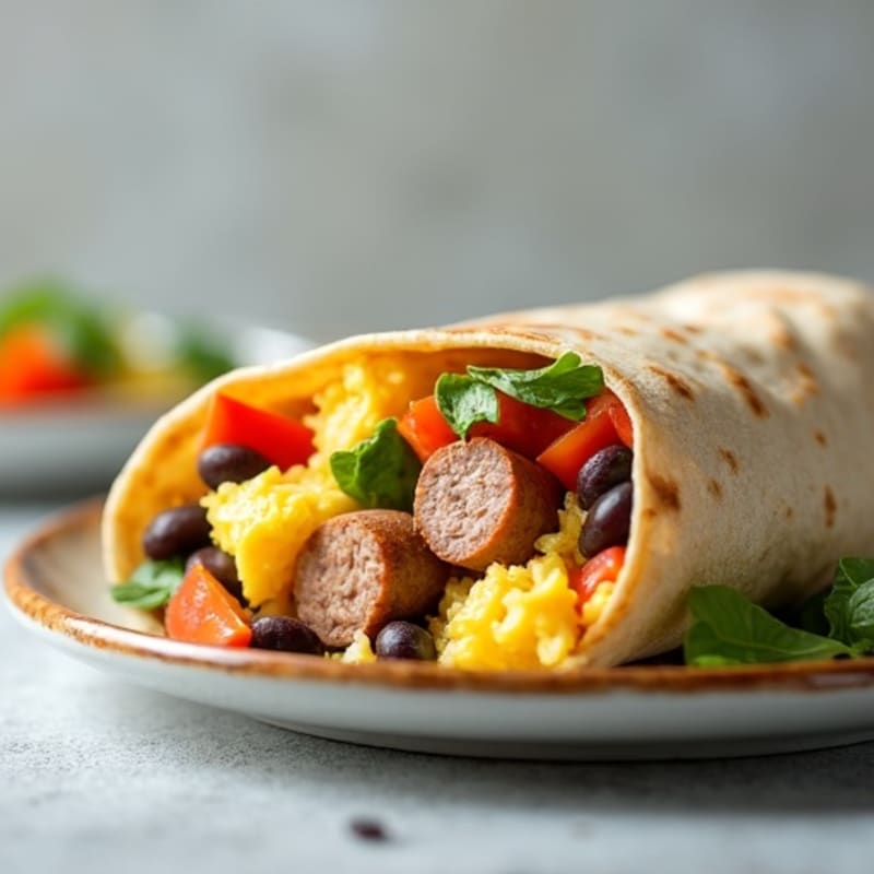 Fluffy Scrambled Egg, Lean Turkey Sausage, and Sautéed Veggie Burrito