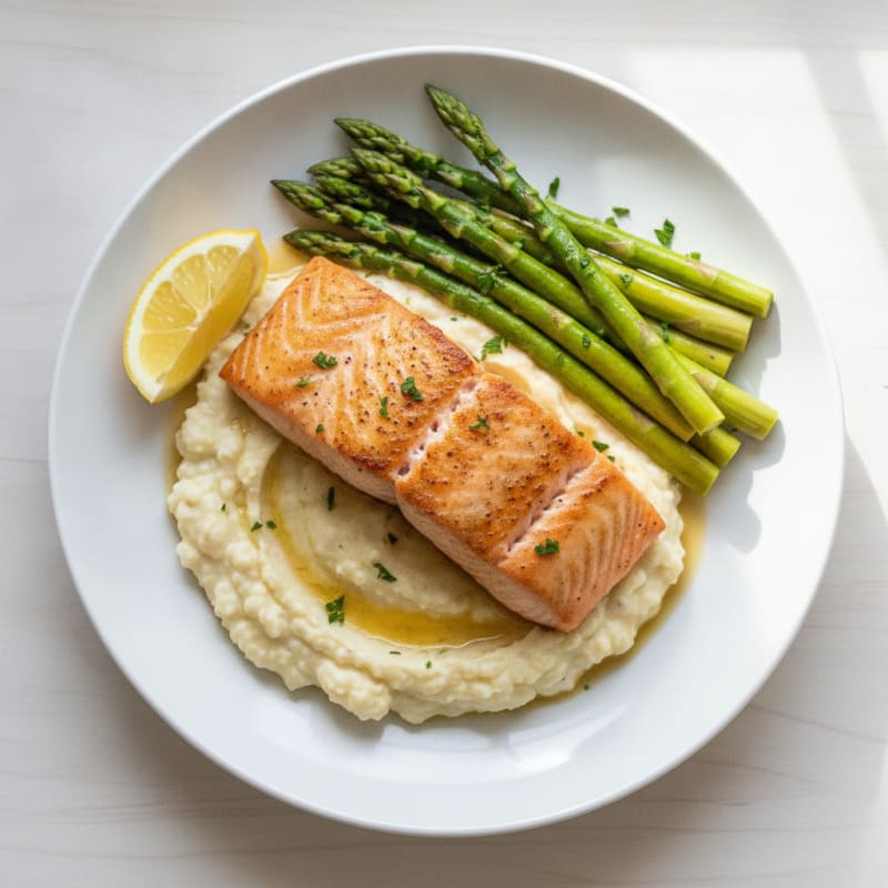 Seared Salmon with Steamed Asparagus and Cauliflower Mash