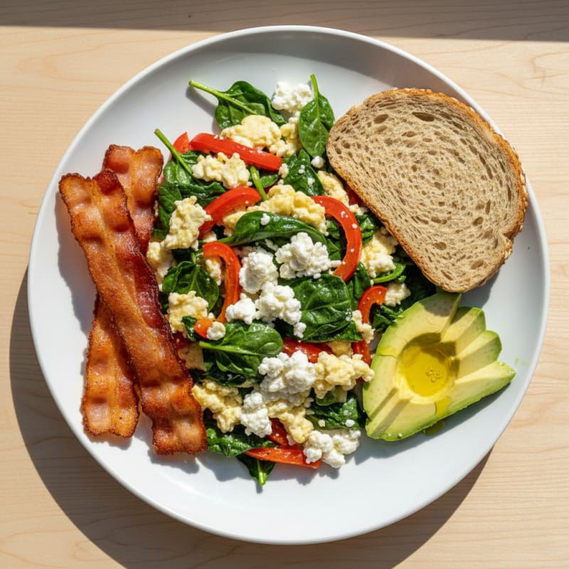 Egg White Veggie Scramble with Cottage Cheese and Turkey Bacon