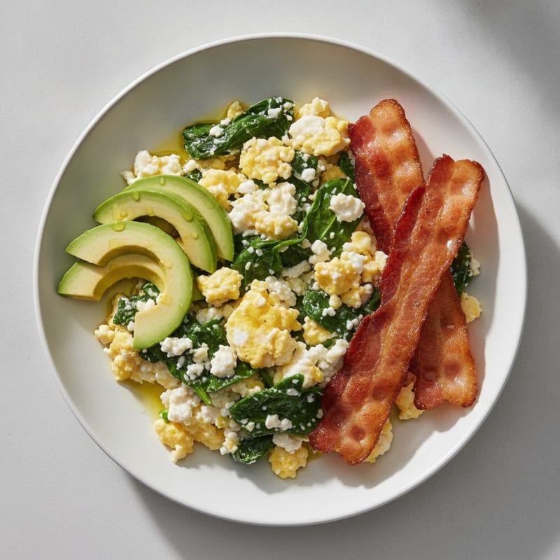 Cottage Cheese Egg Scramble with Spinach and Turkey Bacon