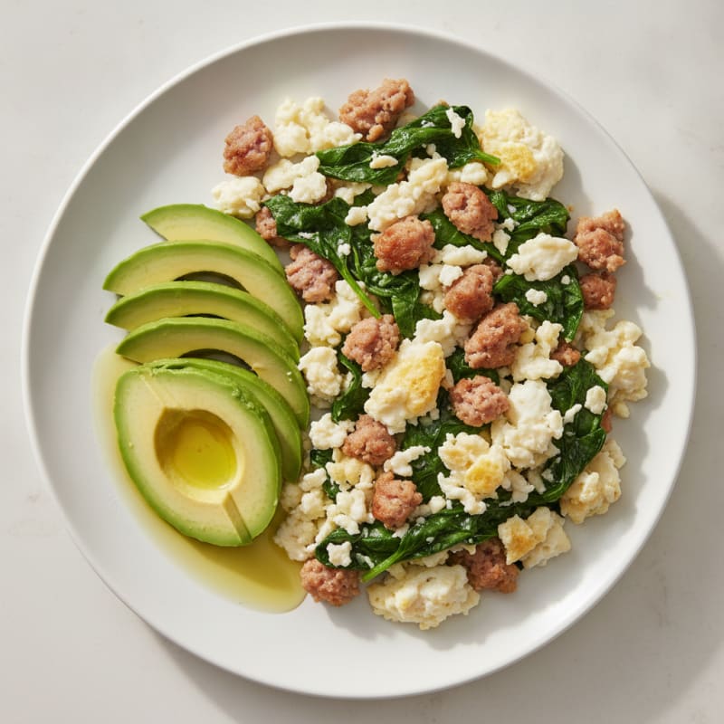 Scrambled Egg Whites with Turkey Sausage and Sautéed Spinach
