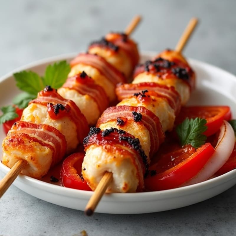 Crispy Bacon and Chicken Skewers with Roasted Bell Peppers and Onions