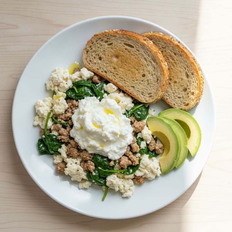 Egg White and Turkey Spinach Scramble with Cottage Cheese