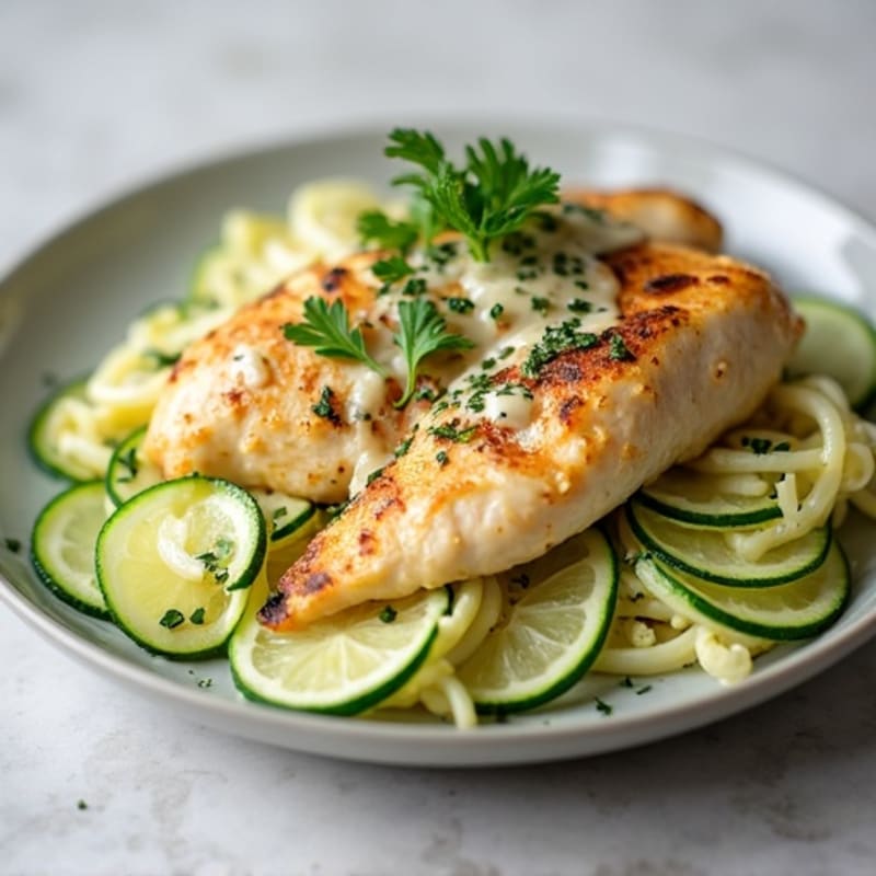 Creamy Cauliflower Alfredo Chicken with Zucchini Noodles