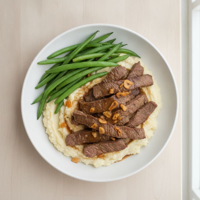 Seared Lean Beef Strips with Steamed Green Beans and Cauliflower Mash