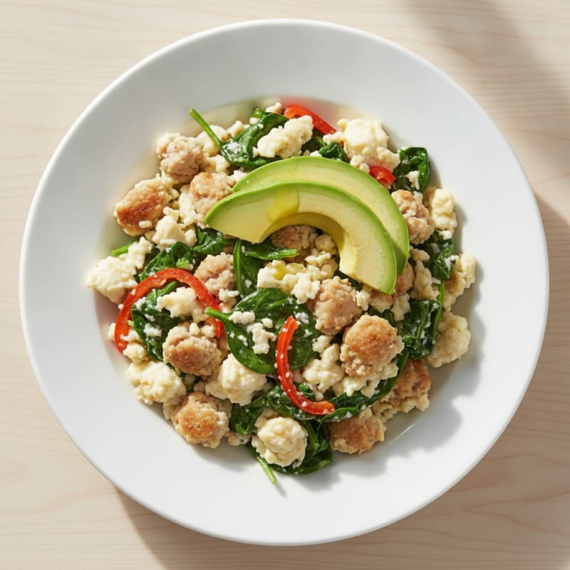 Egg White Scramble with Turkey Sausage and Sautéed Spinach