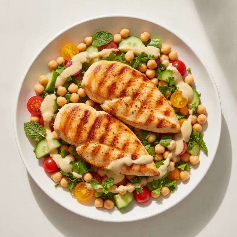 Grilled Chicken with Spiced Chickpea Salad and Lemon Tahini Dressing