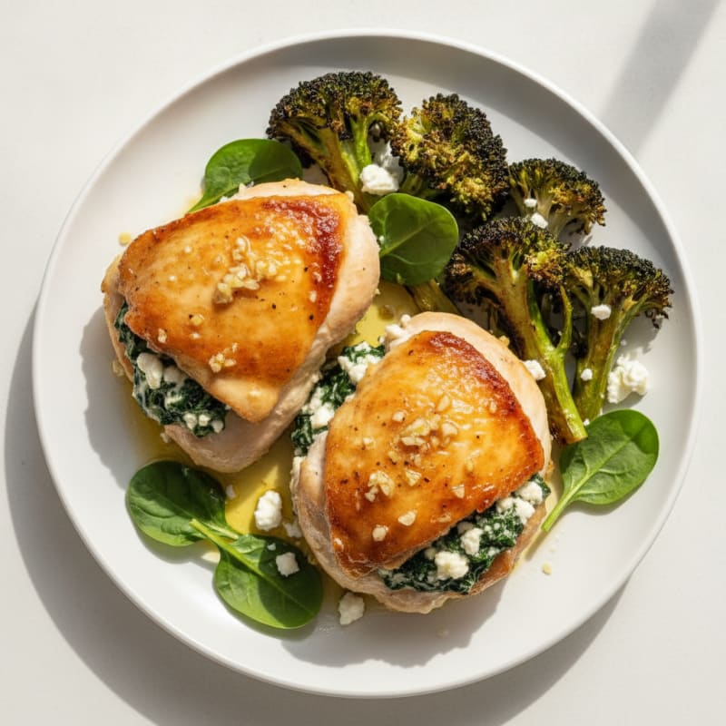 Spinach Stuffed Chicken Thighs with Roasted Broccoli