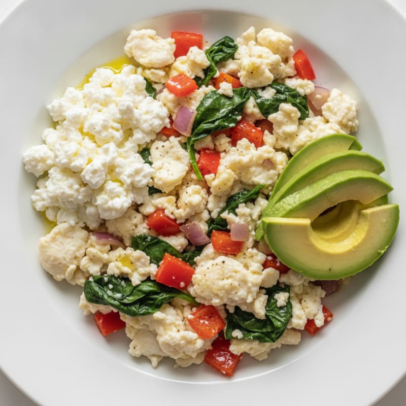 Egg White Veggie Scramble with Cottage Cheese and Sliced Avocado