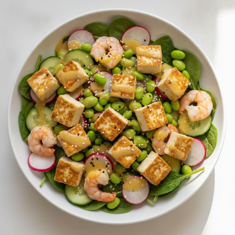 Seared Tofu and Edamame Power Salad with Crunchy Vegetables
