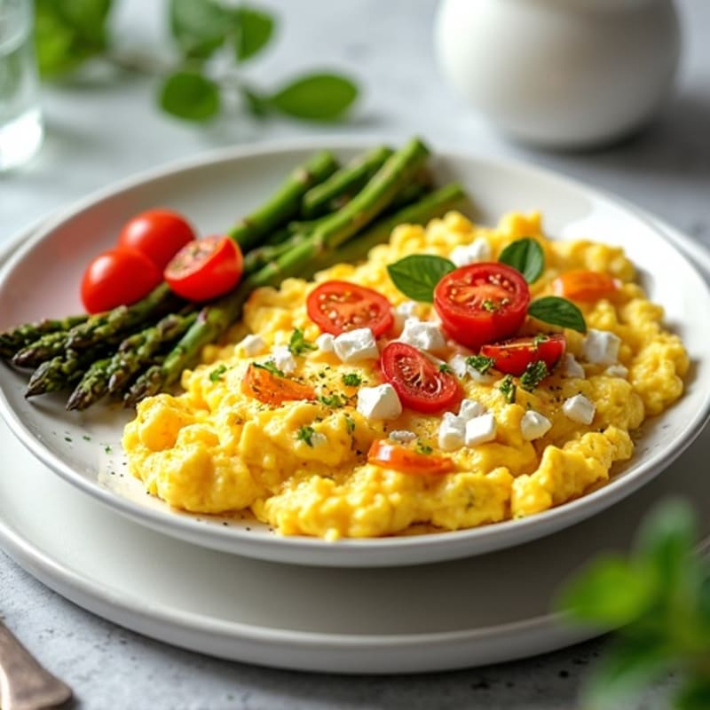 Creamy Scrambled Eggs with Roasted Asparagus and Cherry Tomatoes