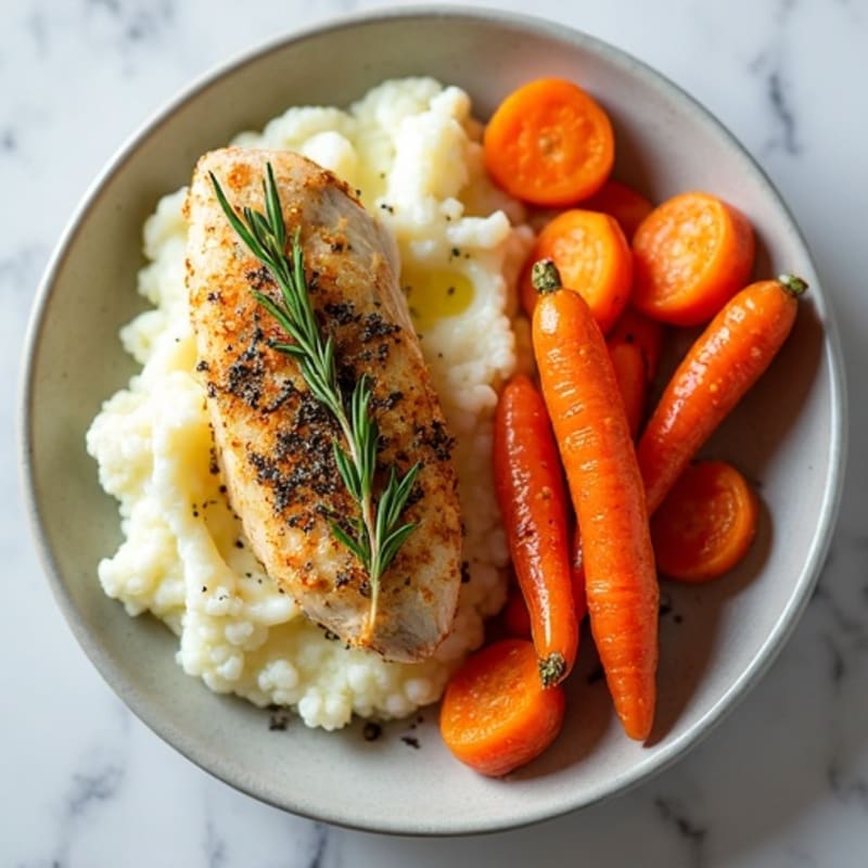 Herb-Crusted Chicken with Creamy Cauliflower Mash and Roasted Carrots