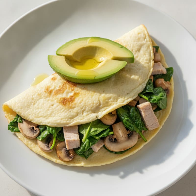 Egg White Spinach Omelette with Turkey Breast and Sautéed Mushrooms