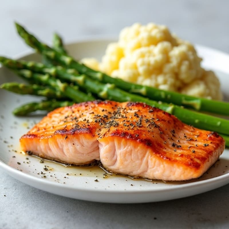 Seared Salmon with Steamed Asparagus and Garlic Mashed Cauliflower
