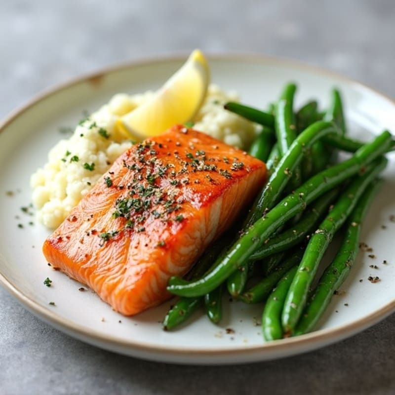 Seared Salmon Fillet with Garlic Green Beans and Cauliflower Mash