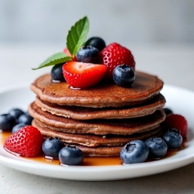 Fluffy Chocolate Protein Pancakes with Fresh Berries