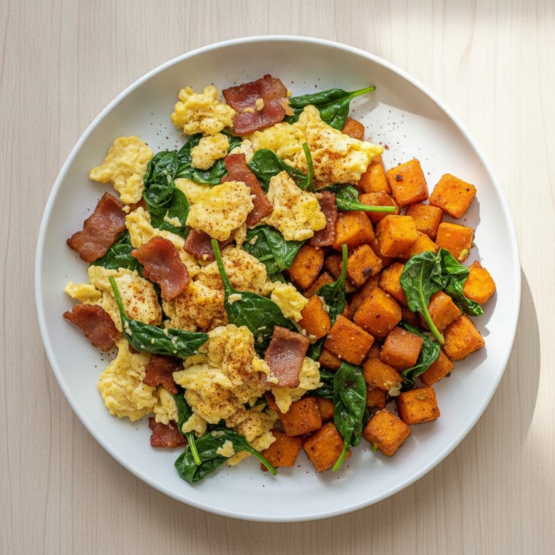 Crispy Turkey Bacon and Spinach Egg Scramble with Sweet Potato Hash