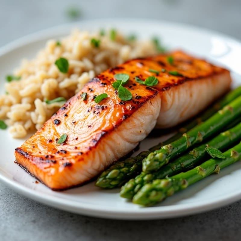 Seared Salmon with Steamed Asparagus and Brown Rice