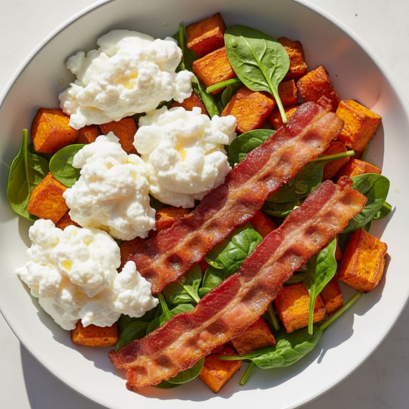 Crispy Turkey Bacon and Egg White Breakfast Bowl with Sweet Potato