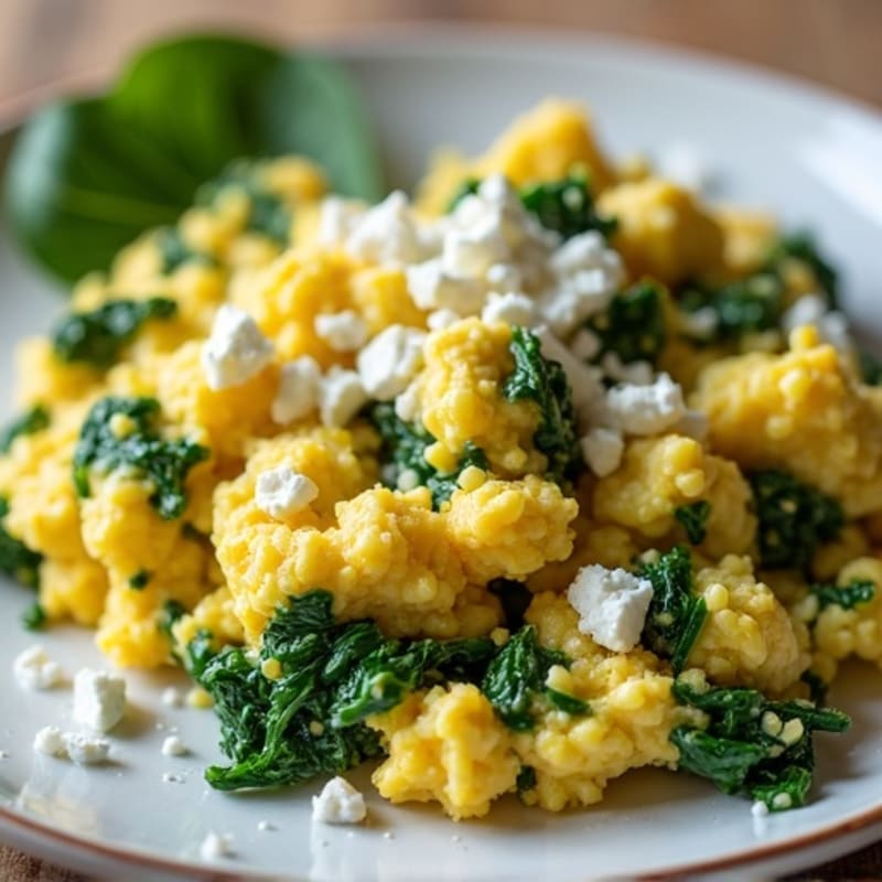 Scrambled Eggs with Fresh Spinach and Crumbled Feta