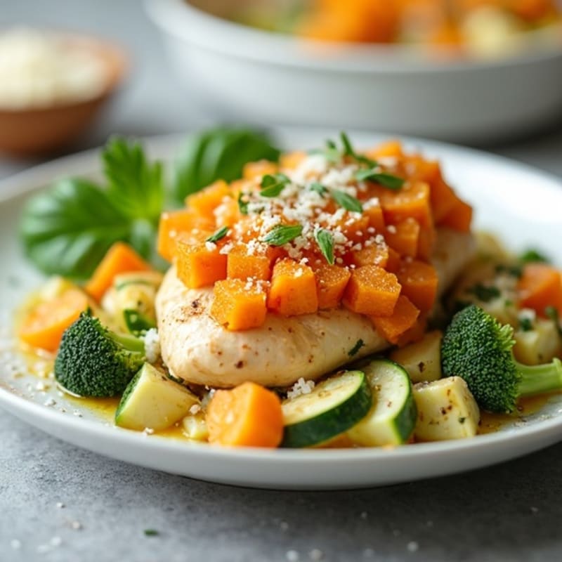 Creamy Chicken and Vegetable Bake with Crispy Sweet Potato Topping