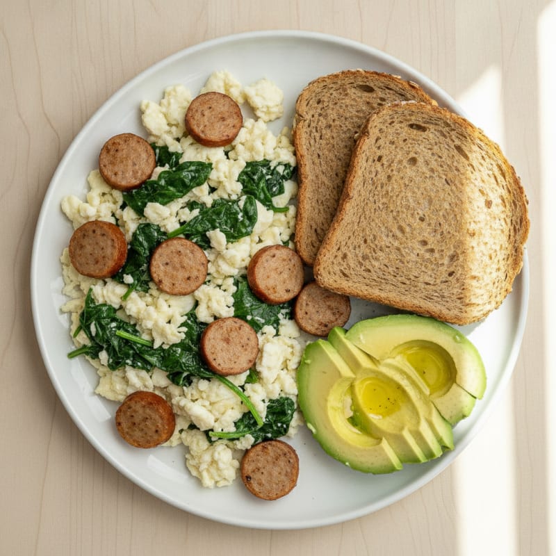 Egg White Spinach Scramble with Turkey Sausage