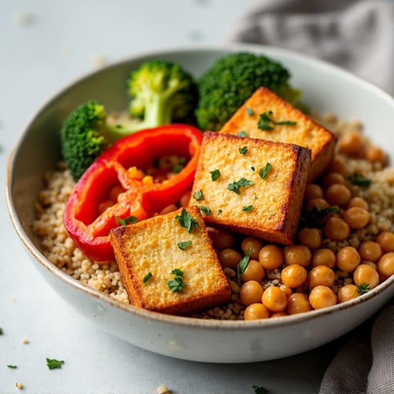 Crispy Tofu and Roasted Vegetable Bowl with Quinoa