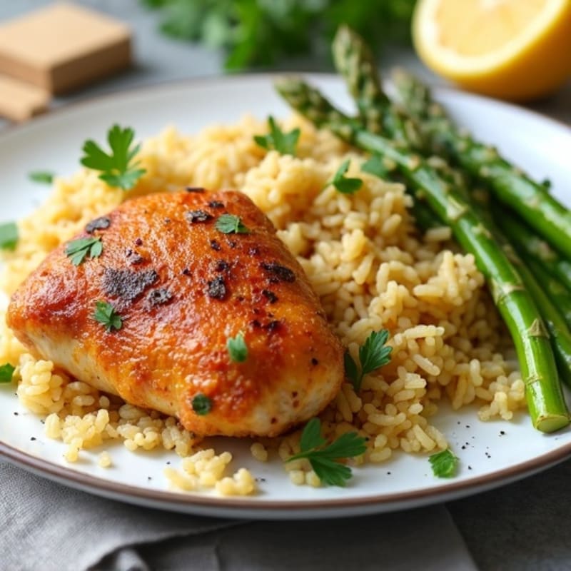Crispy Chicken Thighs with Lemon Herb Brown Rice and Roasted Asparagus