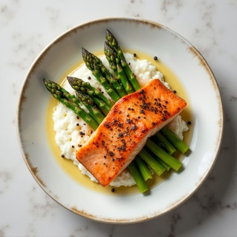 Seared Salmon with Steamed Asparagus and Cauliflower Mash