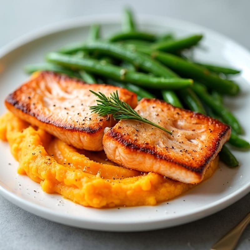 Seared Salmon with Steamed Green Beans and Mashed Sweet Potatoes