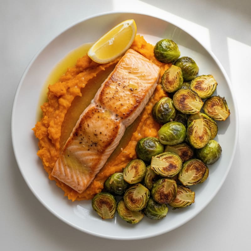 Seared Salmon with Roasted Brussels Sprouts and Sweet Potato Mash