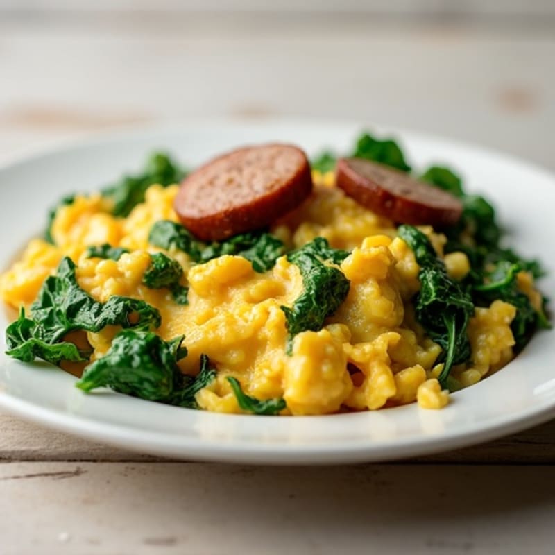 Egg White and Turkey Sausage Scramble with Sautéed Spinach