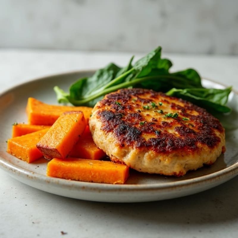 Seared Turkey Patties with Roasted Sweet Potato and Wilted Spinach
