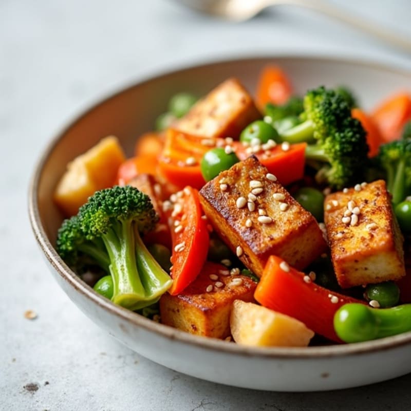 Crispy Sesame-Glazed Tofu with Rainbow Vegetables